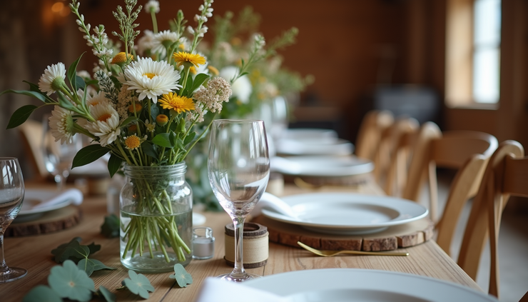 Close-up view of a rustic wedding table setting with wildflowers and wooden accents