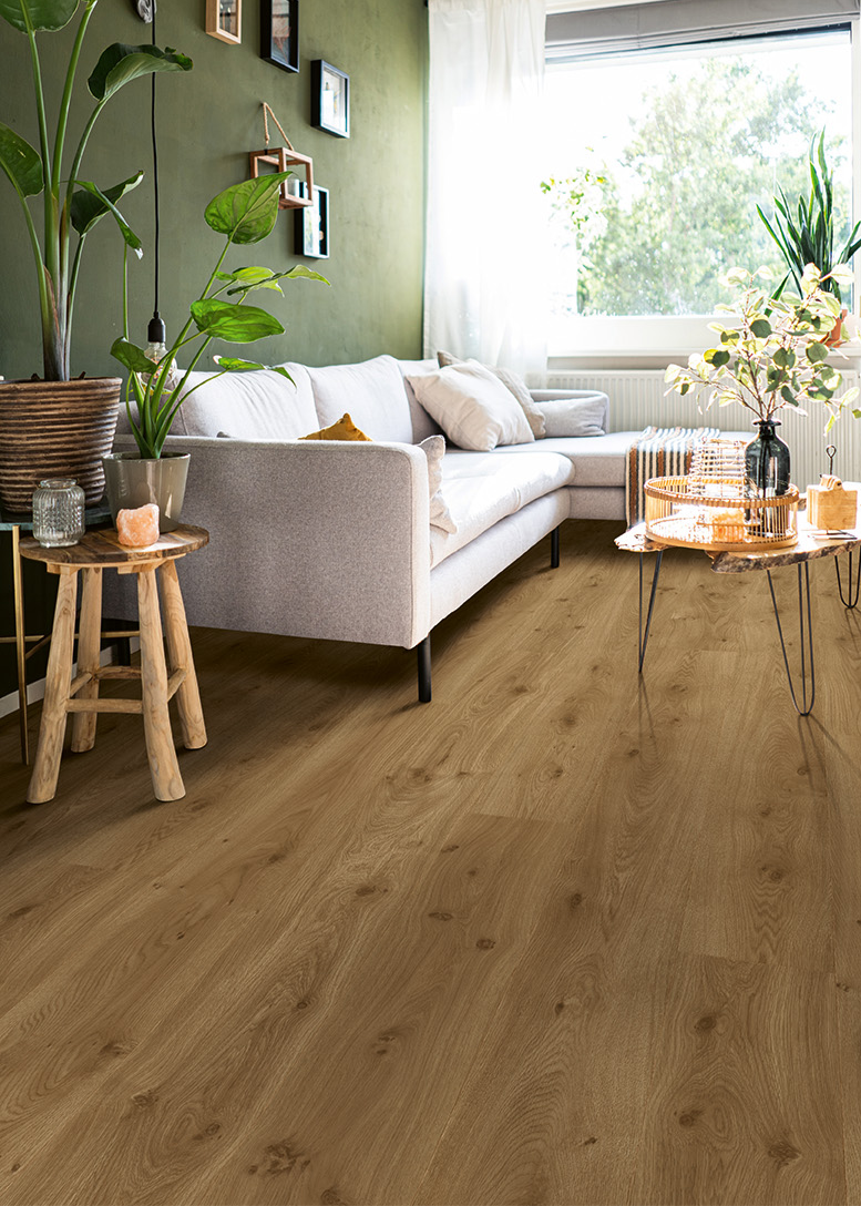 sample of laminate flooring in a modern living room setting
