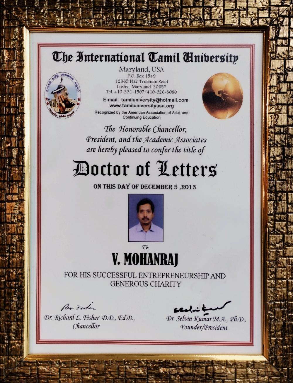 Doctor of Letters - The International Tamil University