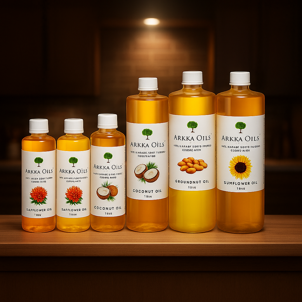 Assorted Arkka Oils bottles displayed on a wooden table, showcasing traditional lakdi ghana (wood-pressed) cold-pressed oils.