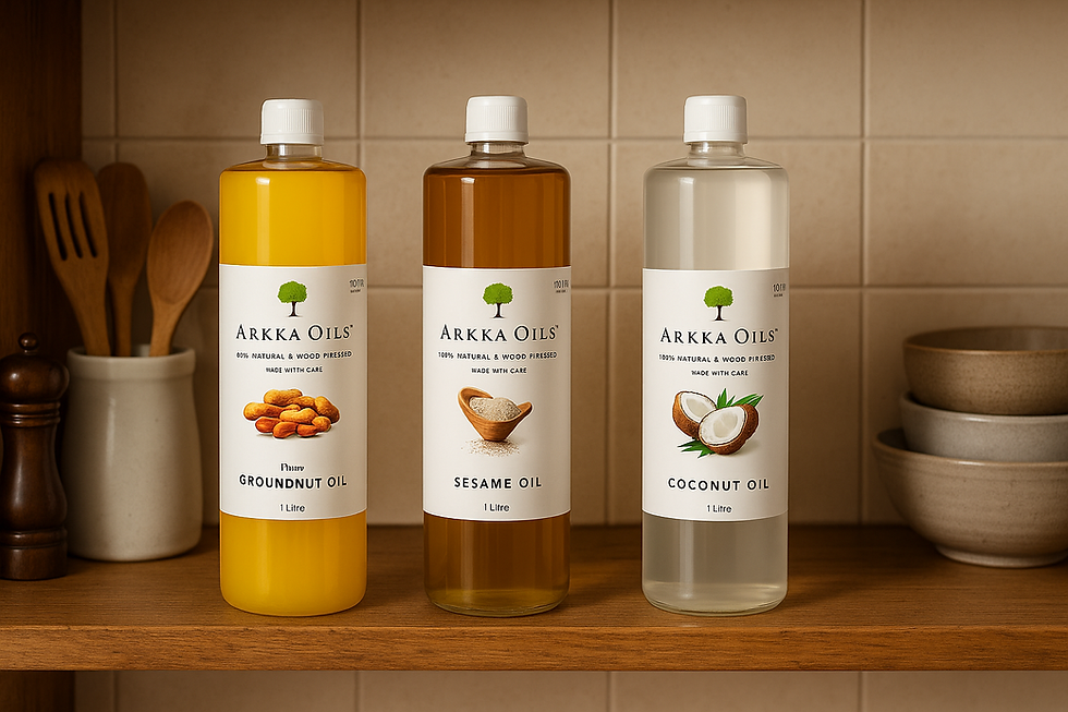 Three bottles of Arkka Oils (Groundnut, Sesame, Coconut) on a kitchen shelf. Labels show oil types. Beige tiled background, wooden utensils.