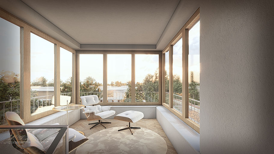 Intimer Rückzugsort mit Lounge Chair und umlaufender Verglasung – ruhige Wohnarchitektur von Weinstein Architekten, die Außenraum und Innenraum poetisch verbindet.