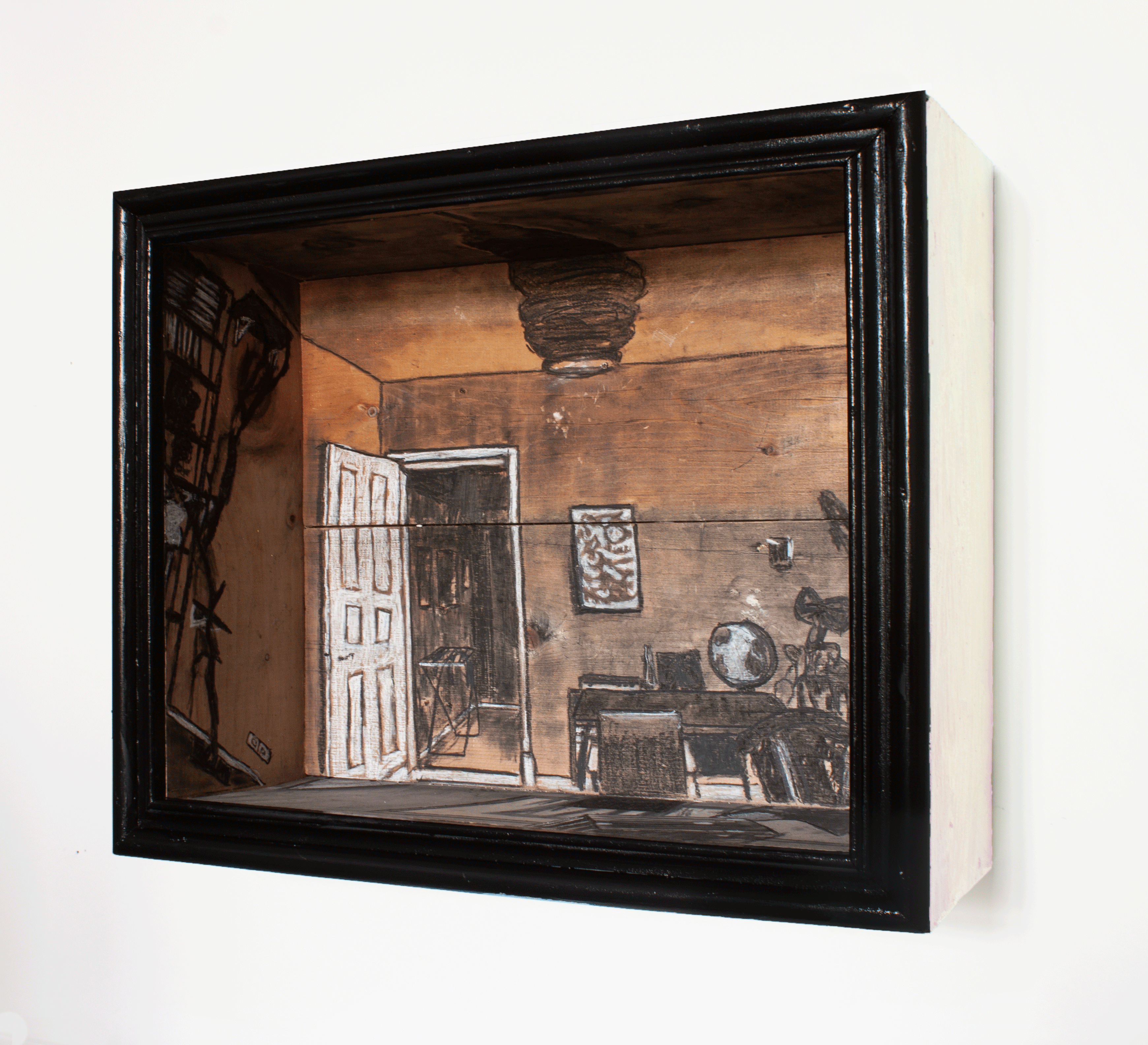 Rory Biddulph, Still life (2023), drawing on wood