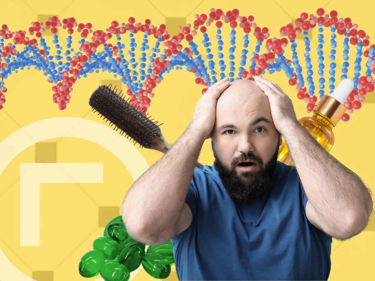 A bald man worried about hair loss, curious to understand causes and learn remedies for hair loss