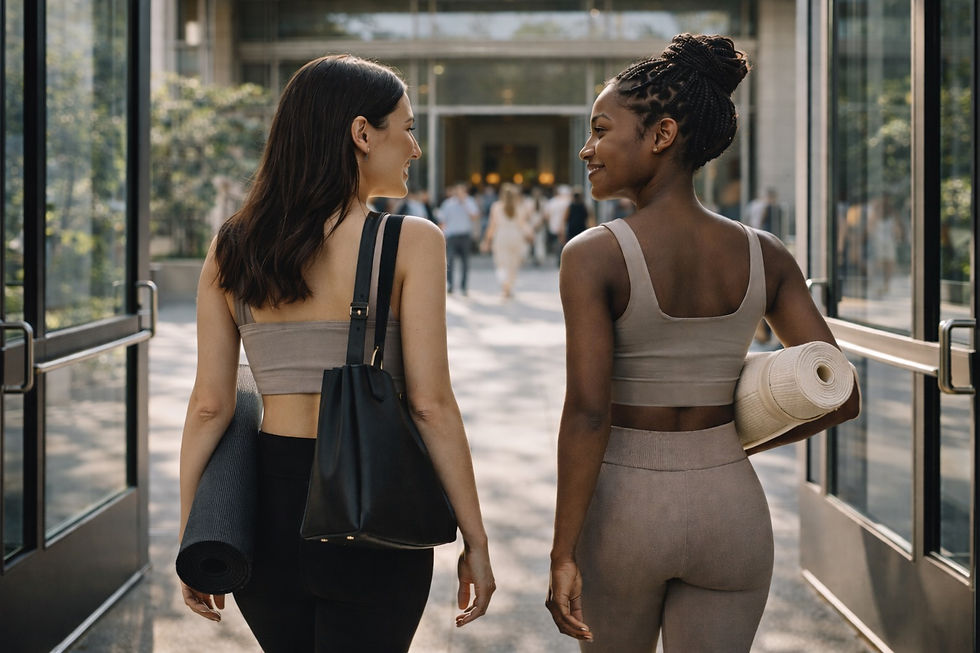 two women walking into a yoga expo in athleisure wear