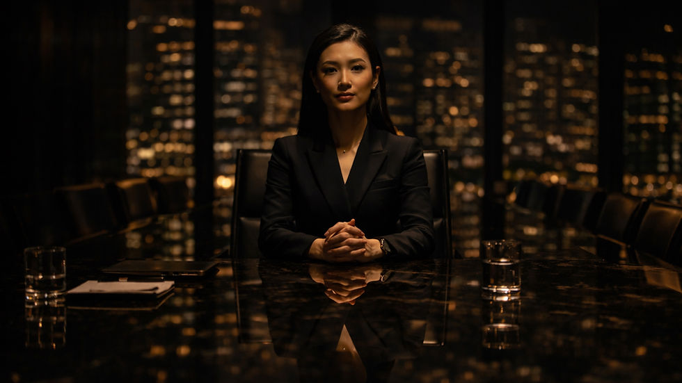 Woman in executive leadership position seated confidently at a conference table at night, symbolizing female command, gravitas, and structured influence in corporate and entrepreneurial leadership spaces.