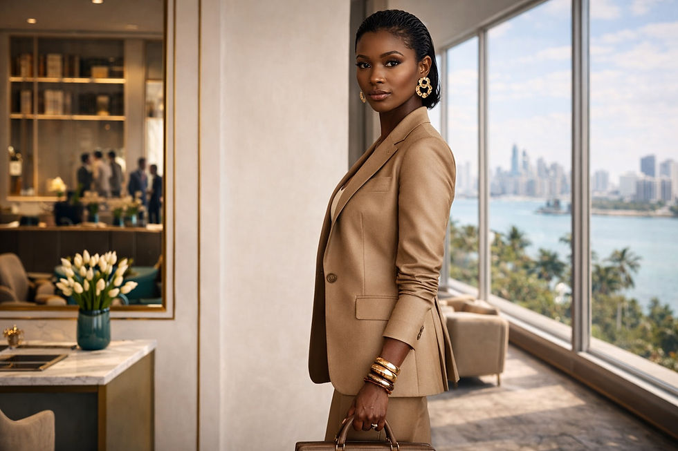 confident female executive standing in a modern office overlooking a city skyline, representing women leadership identity, executive presence and professional authority. This image reflects the Women of Command™ editorial theme focused on identity-driven influence and female leadership positioning.
