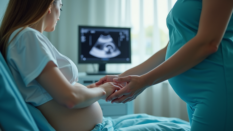 Eye-level view of a pregnant woman having an ultrasound scan in a clinic