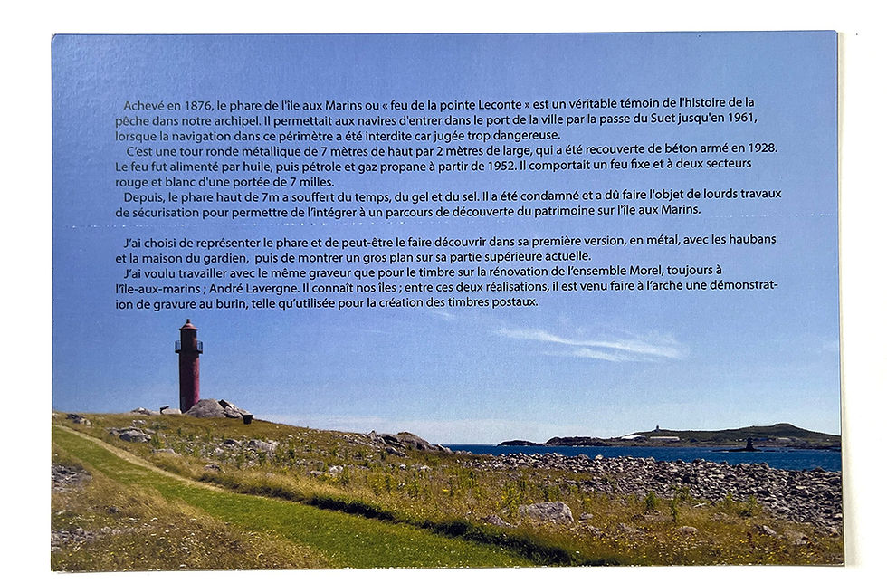 Miniature : Souvenir philatélique de Raphaele Goineau pour la poste de Saint-Pierre-et-Miquelon. Le phare de l'ile aux marins.  verso.
