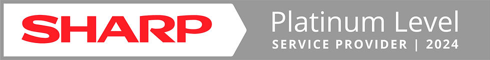Gray badge with "SHARP" in red text and "Platinum Level Service Provider 2024" in white. Simple, professional design.