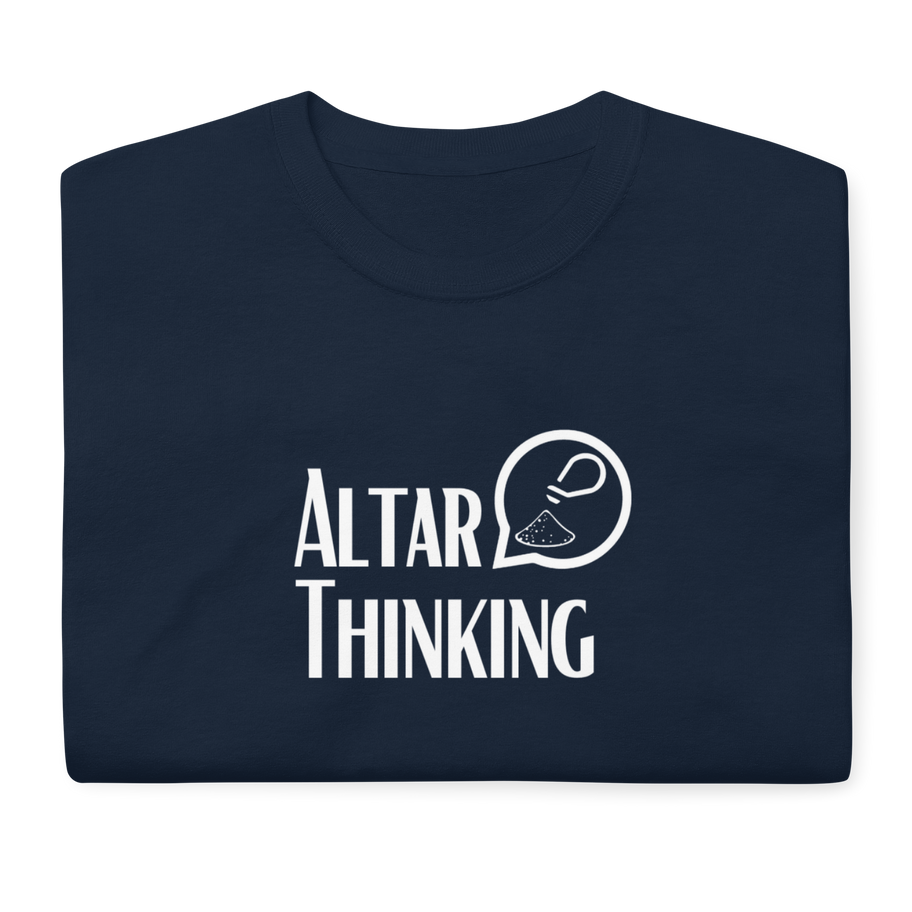 Navy blue t-shirt with Altar Thinking logo design, folded neatly.
