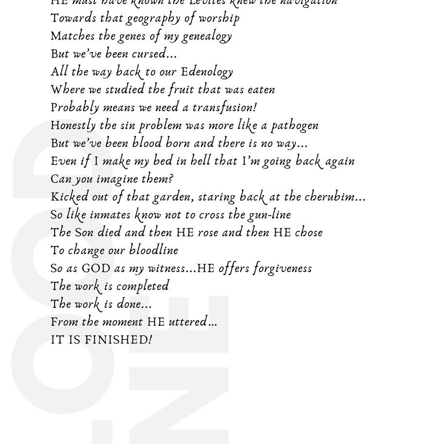 Text reads IT IS FINISHED! about bloodline, forgiveness, and worship.