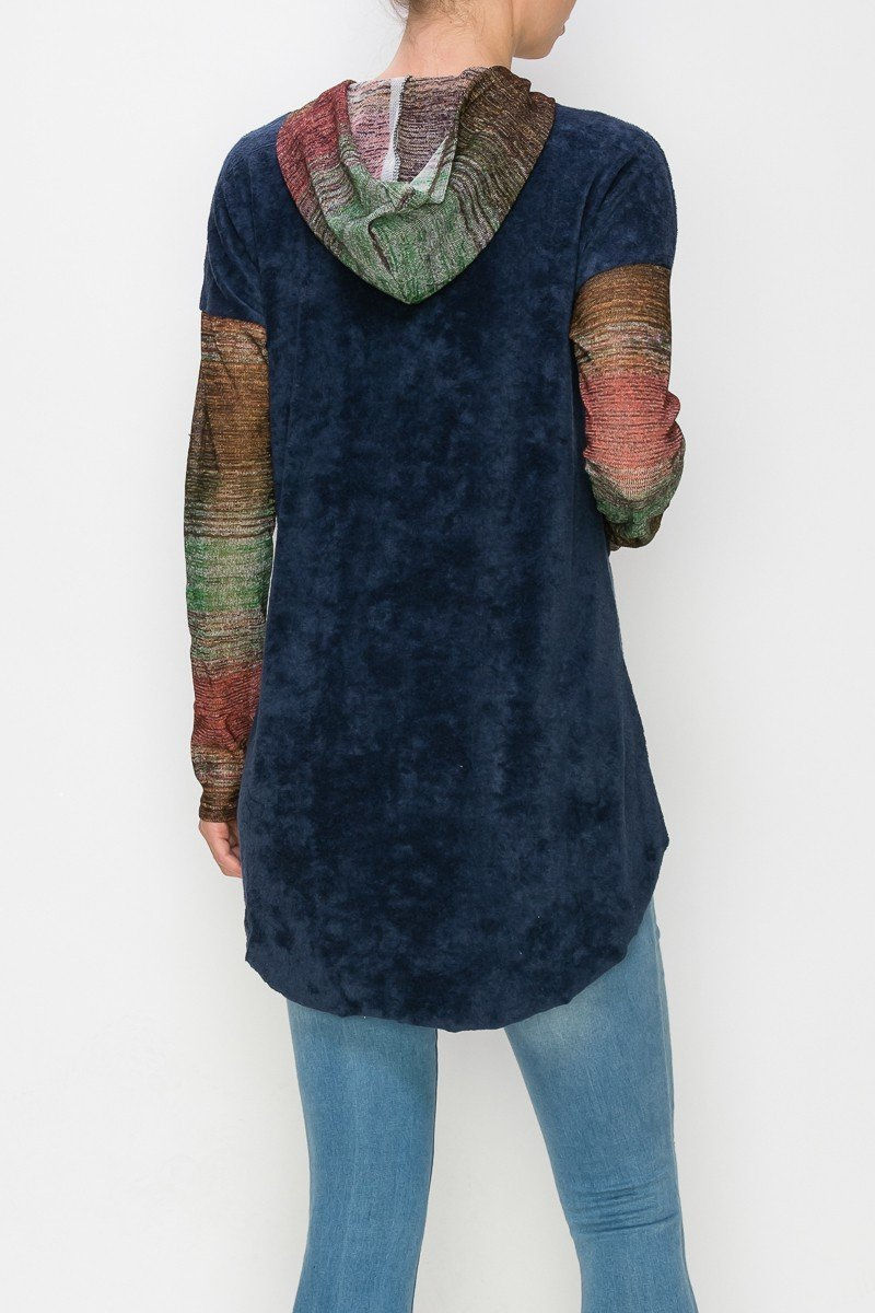 Thumbnail: Hooded Color Block Long Sleeve Top - Navy