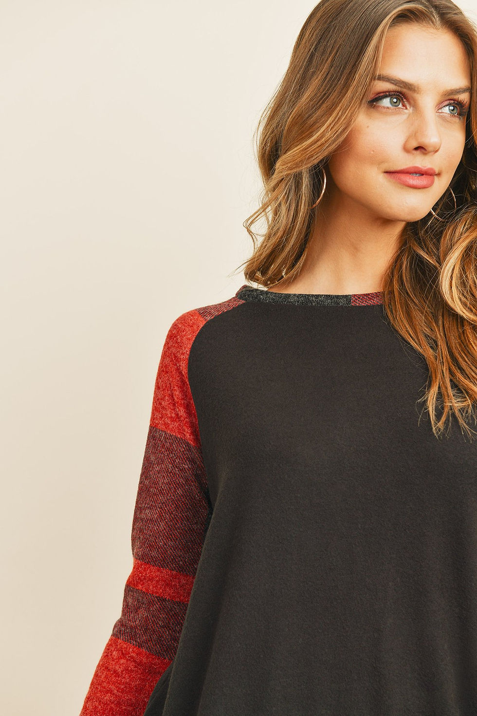 Thumbnail: Brush Hacci Plaid Contrast Long Back Hem Top