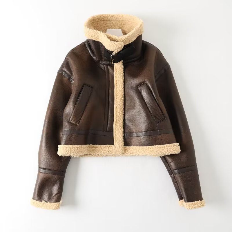 Thumbnail: Women Fashion Thick Warm Faux Leather Shearling Jacket Coat Vintage Long Sleeve 