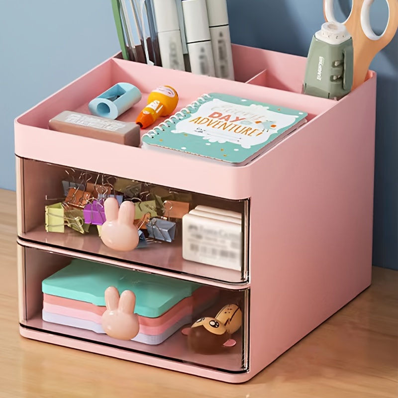 Thumbnail: 1pc Transparent Drawer Rabbit Handle Storage Box, Desk Office Stationery, Cosmet