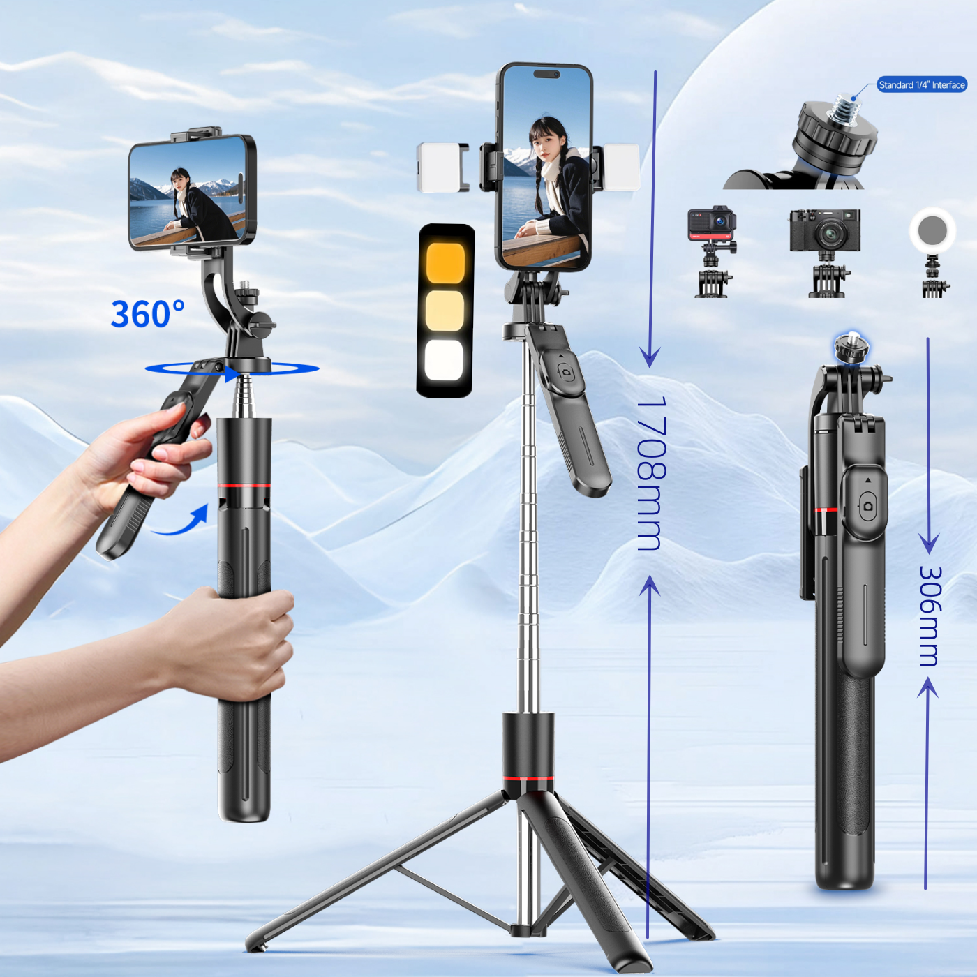 MEUYAG Selfie Stick Tripod with 1708mm Long Monopod Fill Light, Bluetooth Remote