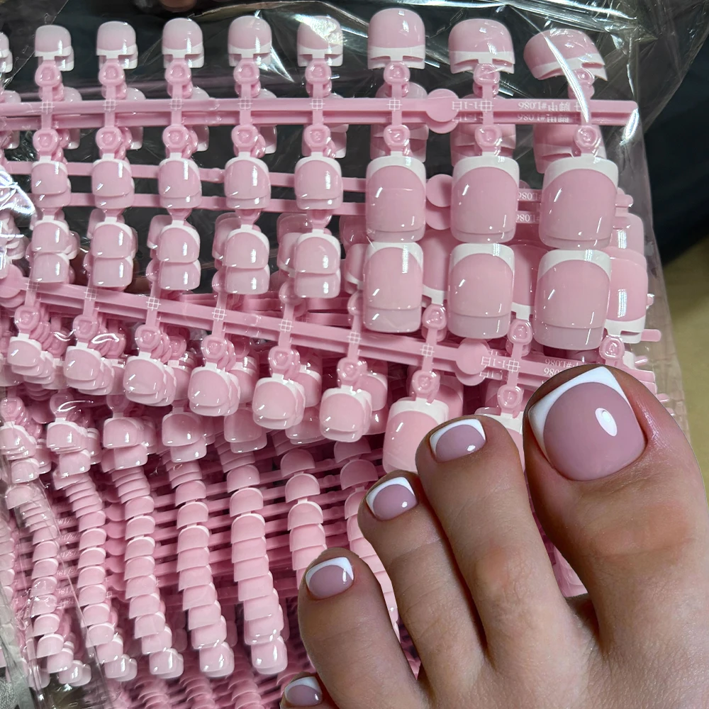 120pcs Short Square False Toe Nail Tips Pink French Soft Gel Press On Toenails W