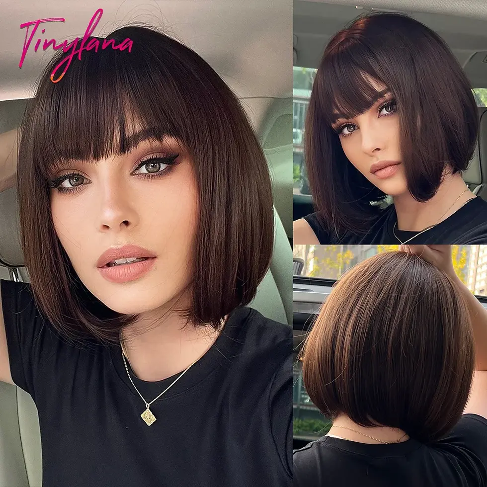 Thumbnail: Orange Short Bob Straight Synthetic Wigs With Bangs Heat Resistant Wig