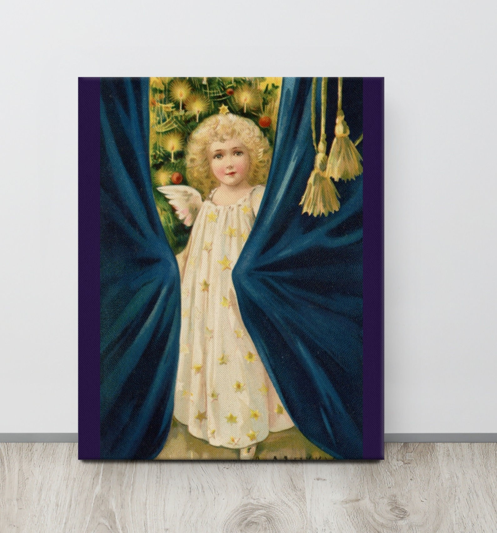Little Angel on Christmas with Tree on Canvas- Vintage Wall Décor Holiday Angel