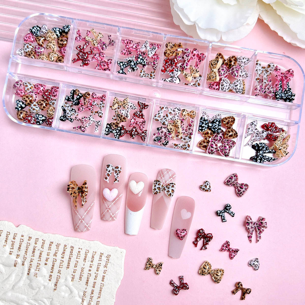 1Box Hot Selling Leopard Print Ribbon Bow Resin Nail Charms 3D Flat Bottomed Col