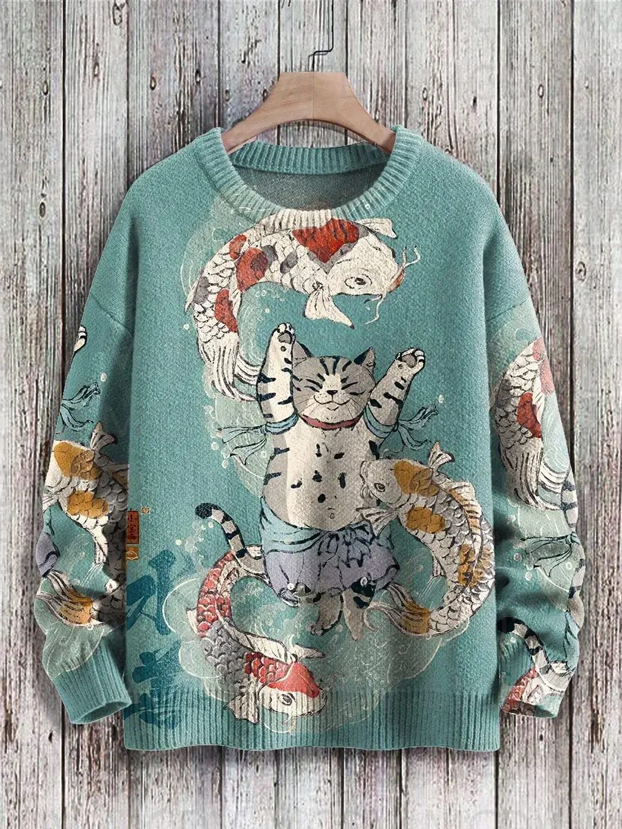 Thumbnail: Retro Japanese Style Painting Cat Art Casual Print Knit Pullover Sweater Women F