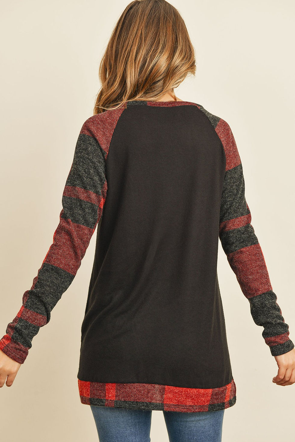 Thumbnail: Brush Hacci Plaid Contrast Long Back Hem Top