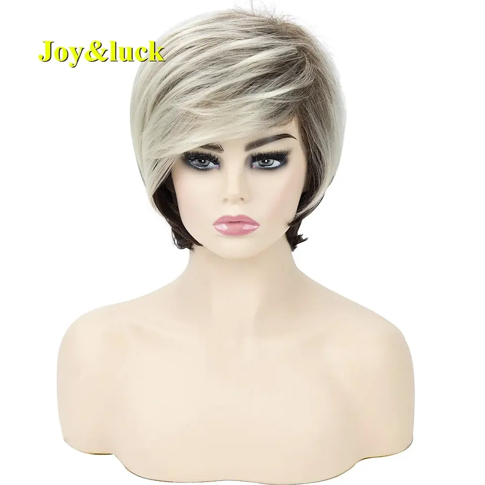Thumbnail: Short Ombre Blonde Wig Synthetic Bob Straight Hair With Bang