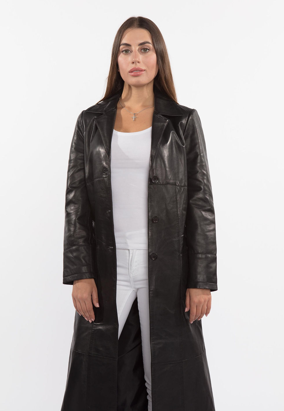 Thumbnail: Ladies 3 Button Matrix Black Full Length Leather Coat