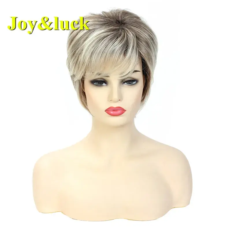 Thumbnail: Short Ombre Blonde Wig Synthetic Bob Straight Hair With Bang
