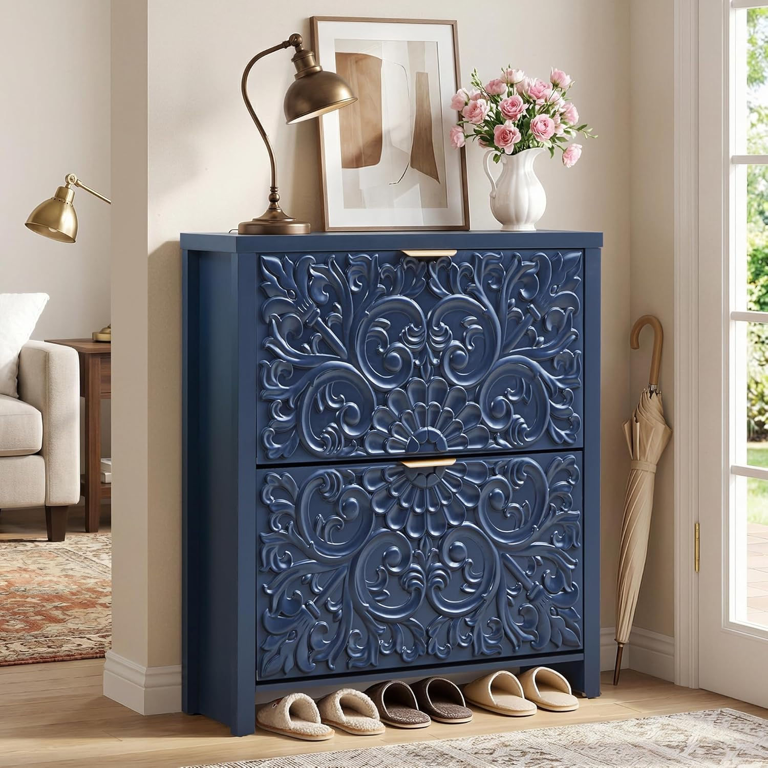 Narrow 2-Tier Flip-Drawer Shoe Cabinet Carved Floral Mid-Centry Entryway Slim St