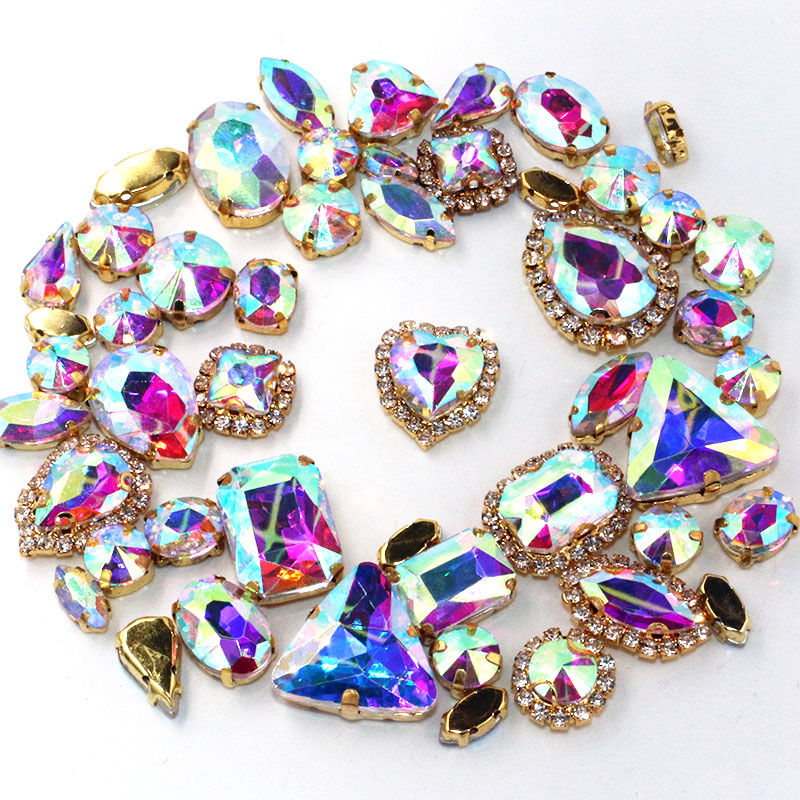Thumbnail: 50pcs/Bag Shiny 24 Color Mixed Shape Sew on Glass Rhinestone Gold Claw Crystal B