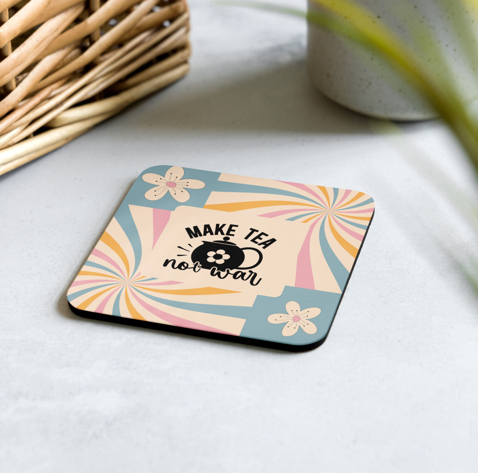 Make Tea Not War on Flowers, Cork-back coaster