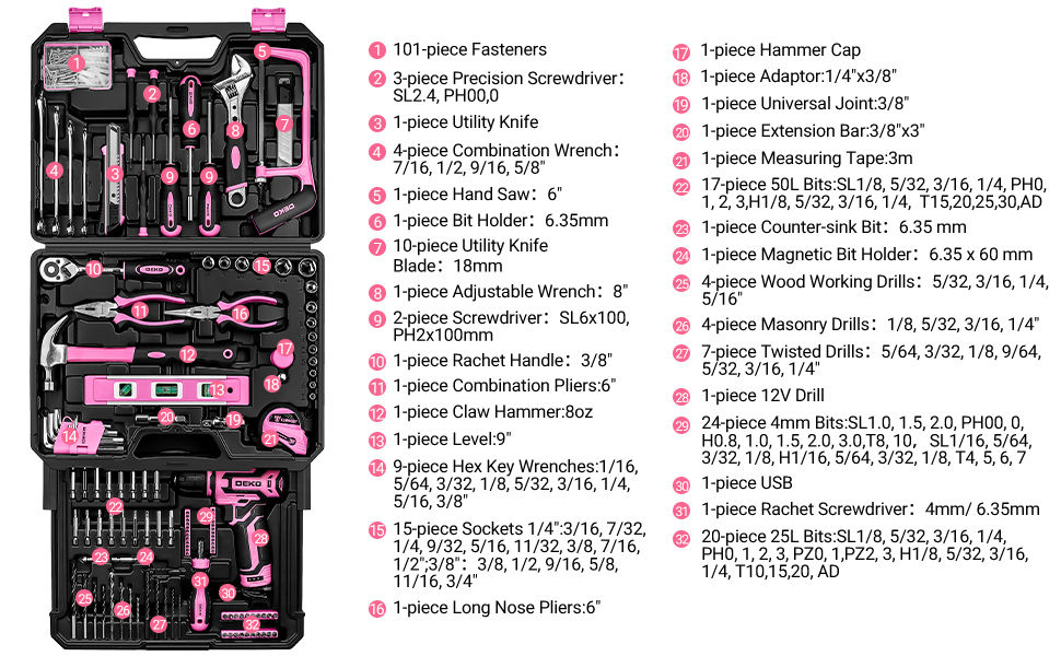 Thumbnail: DEKO Home Mechanic Toolbox with 12V Power Cordless Drill Hand Repair Tools Sets 