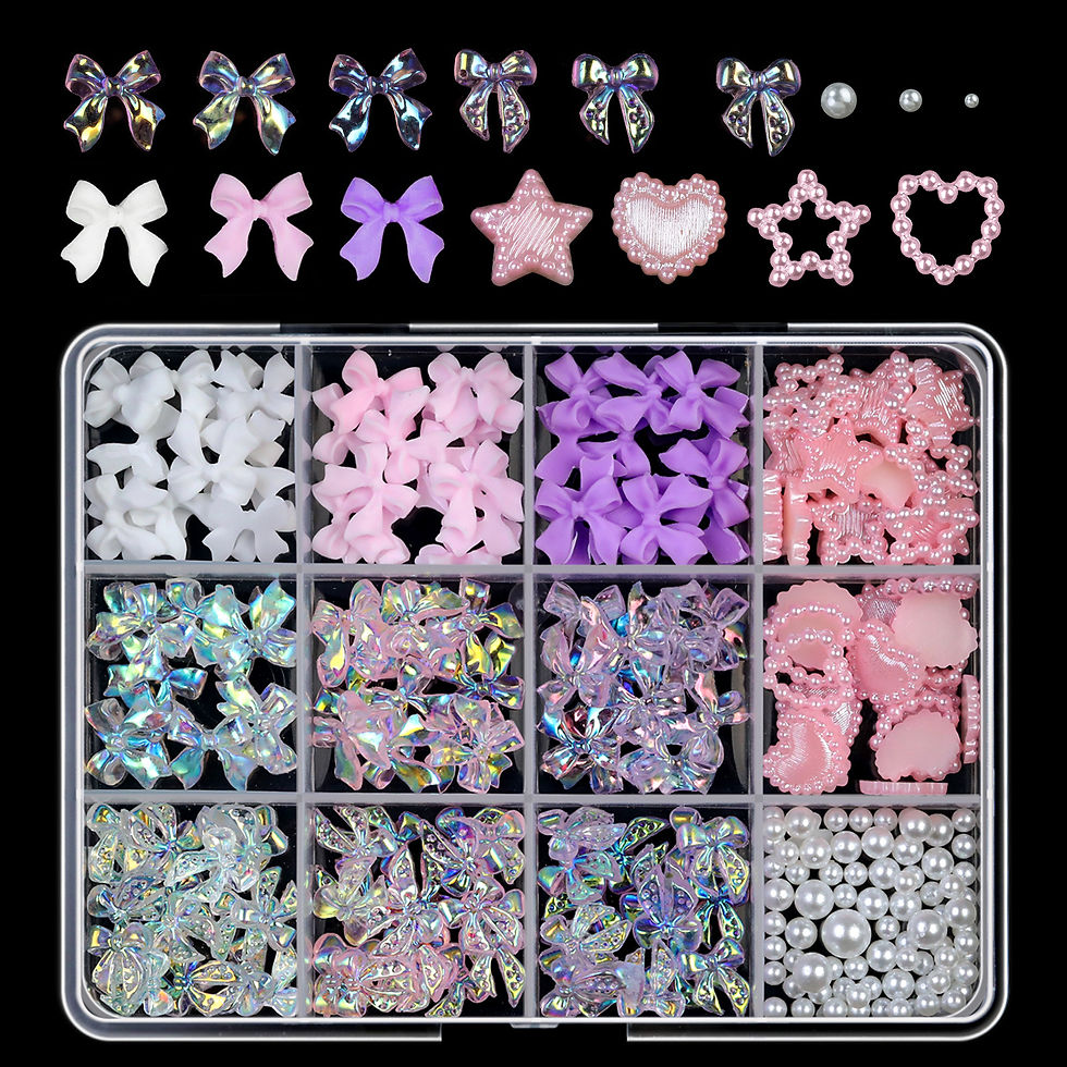 Thumbnail: 12Grids/Box 3D Mixed Bowknot Pearl Heart Nail Charms Flatback Resin Flower,Star,