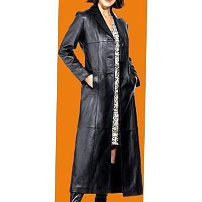 Thumbnail: Ladies 3 Button Matrix Black Full Length Leather Coat
