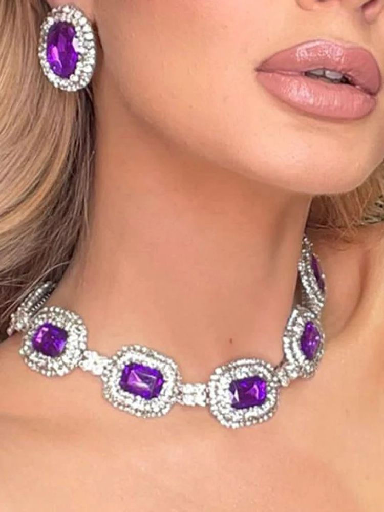 Thumbnail: Stonefans Rhinestone Purple Necklace Earrings Set Elegant Bride Wedding Vintage 