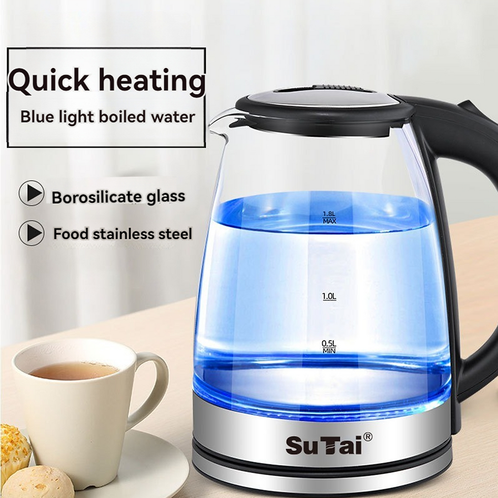 Thumbnail: 1.8L Electric Water Kettle - 1000W Fast Boil, Clear Borosilicate Glass, Stainles