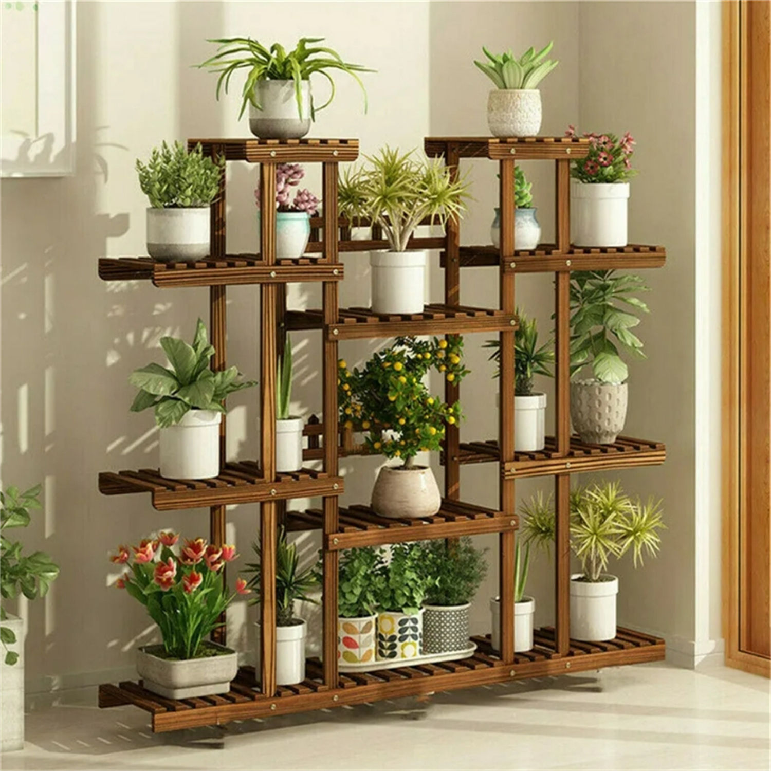 11 Tier Wood Plant Stand Carbonized High Widen Pot Display Shelf Holder Flower S