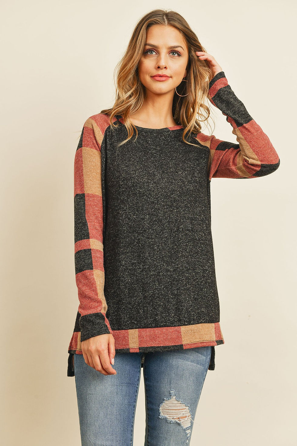 Thumbnail: Brush Hacci Plaid Contrast Long Back Hem Top