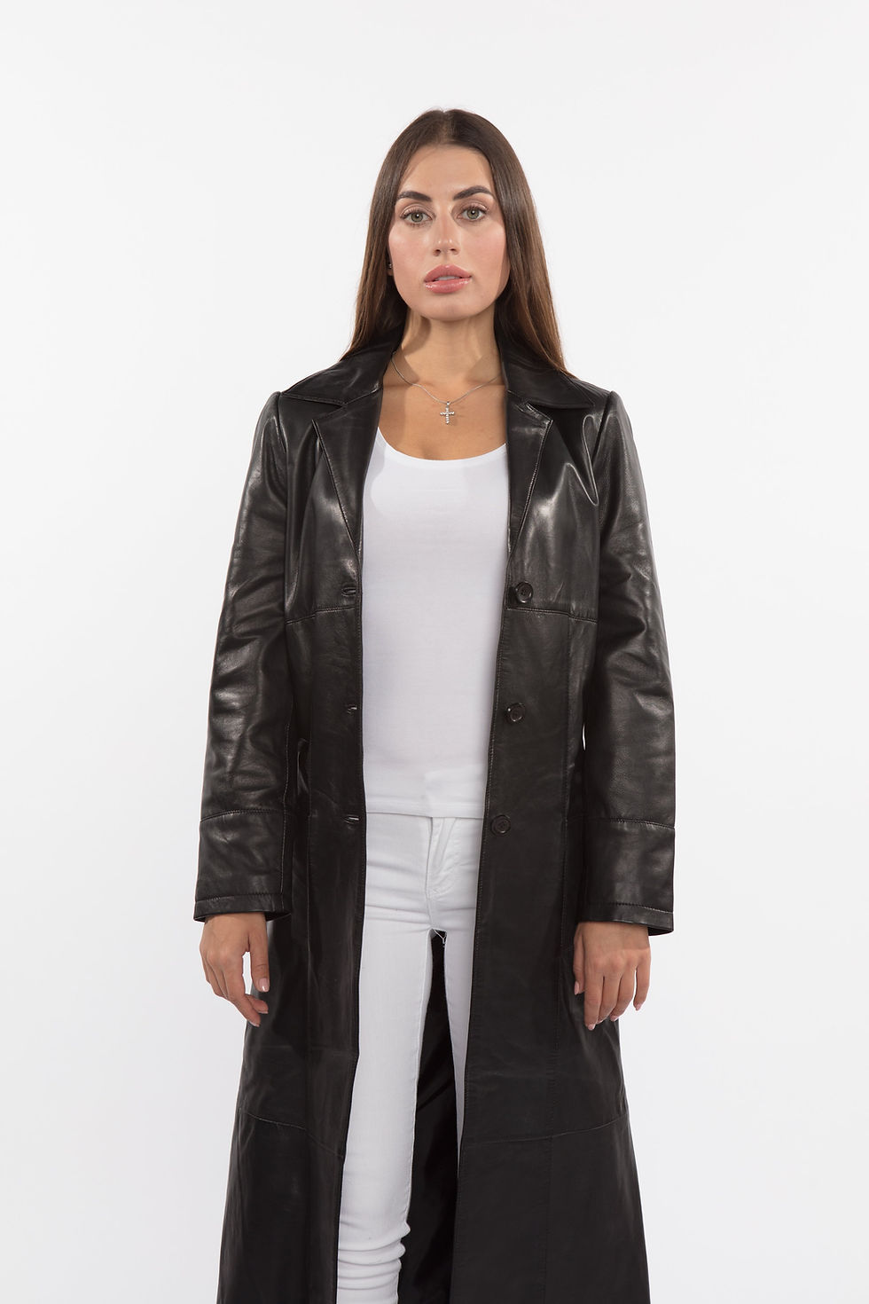 Thumbnail: Ladies 3 Button Matrix Black Full Length Leather Coat