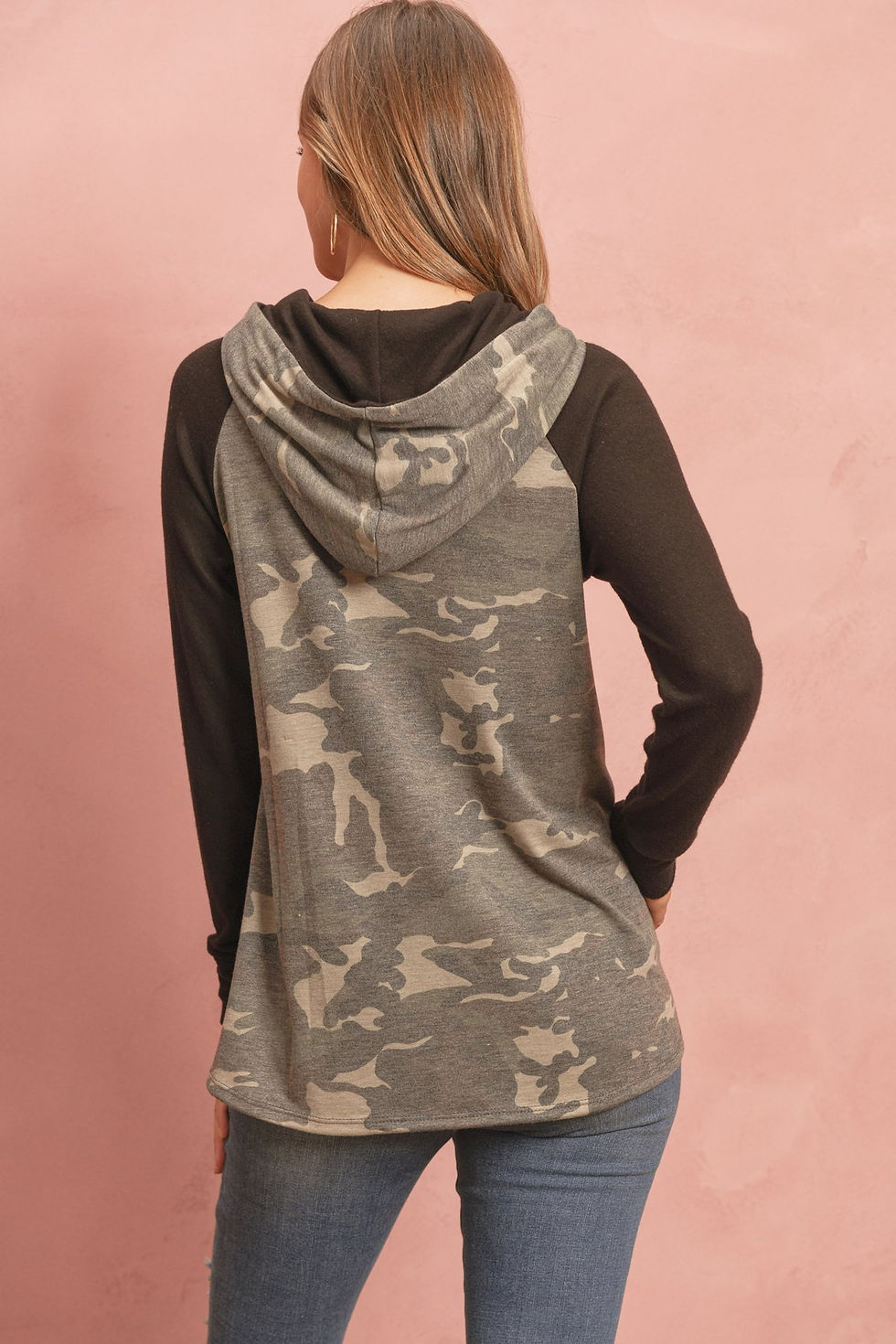 Thumbnail: Camouflage Hacci Sleeved Contrast Hoodie With Drawstrings