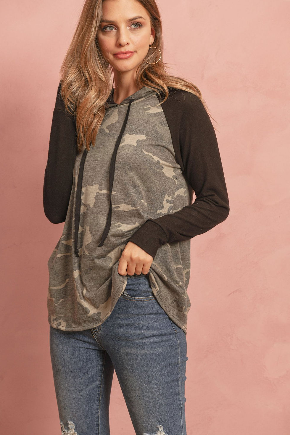 Thumbnail: Camouflage Hacci Sleeved Contrast Hoodie With Drawstrings