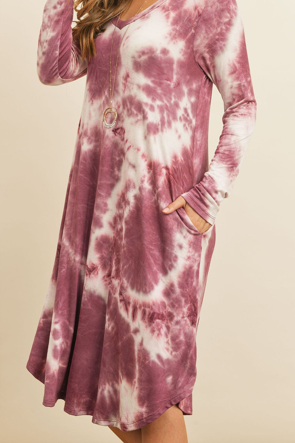 Thumbnail: Tie Dye V-Neck Rounded Hem Midi Dress in 2 colors