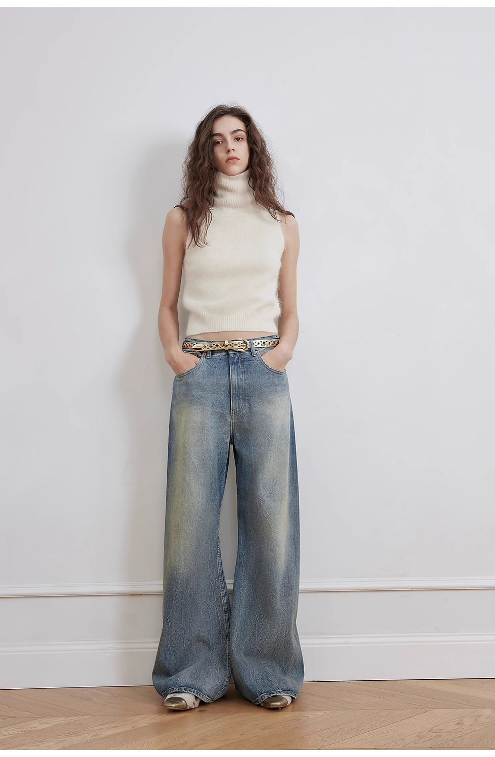 Thumbnail: Modern Washed Chicken Claw Wrinkled Jeans  Spacious Straight Wide Legs