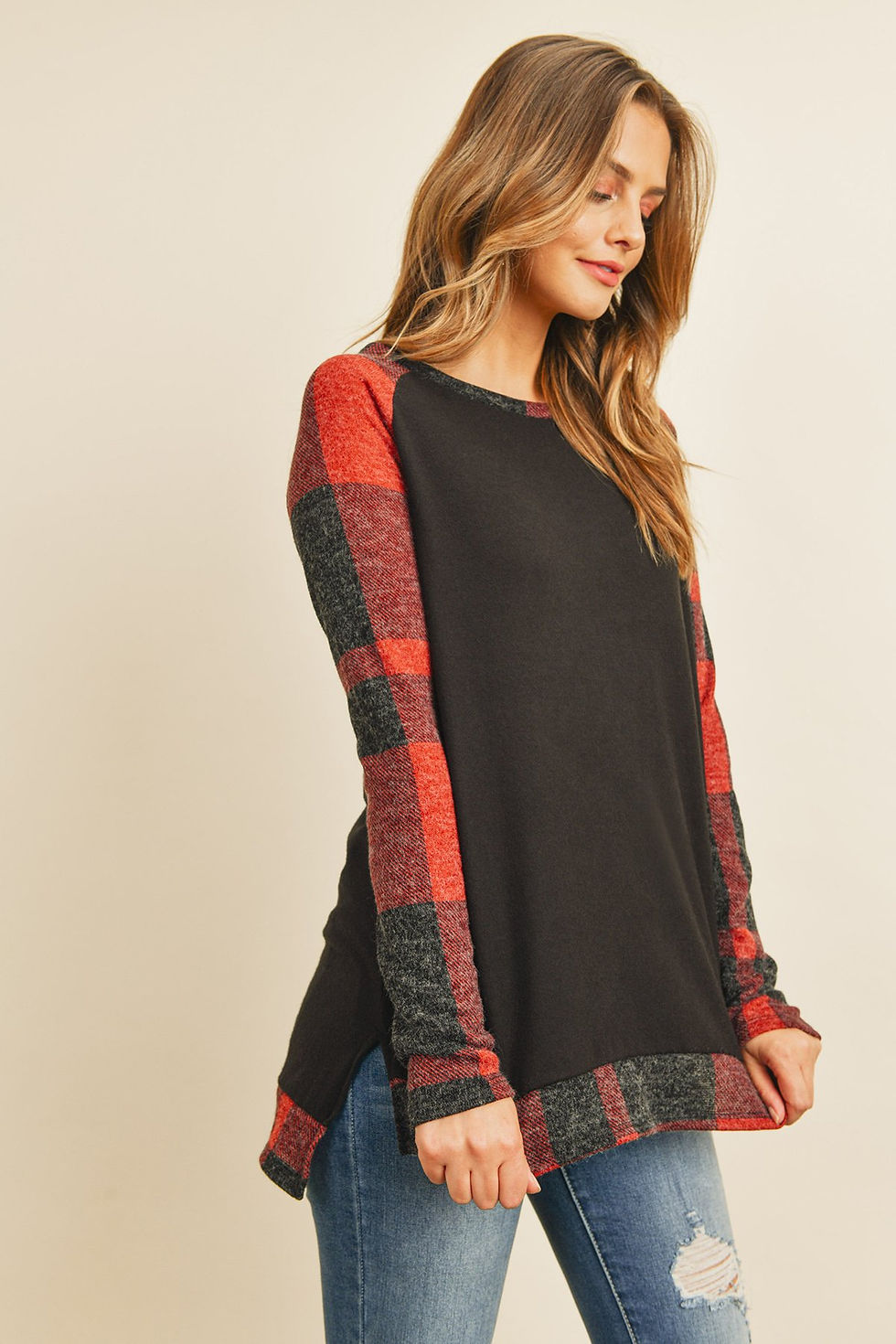 Thumbnail: Brush Hacci Plaid Contrast Long Back Hem Top