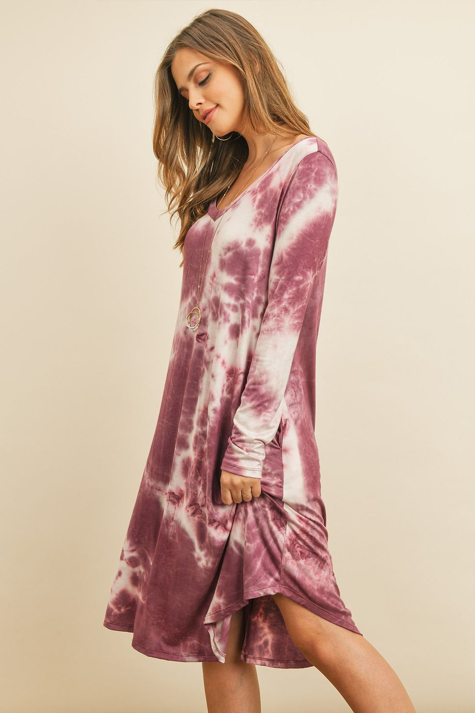 Thumbnail: Tie Dye V-Neck Rounded Hem Midi Dress in 2 colors