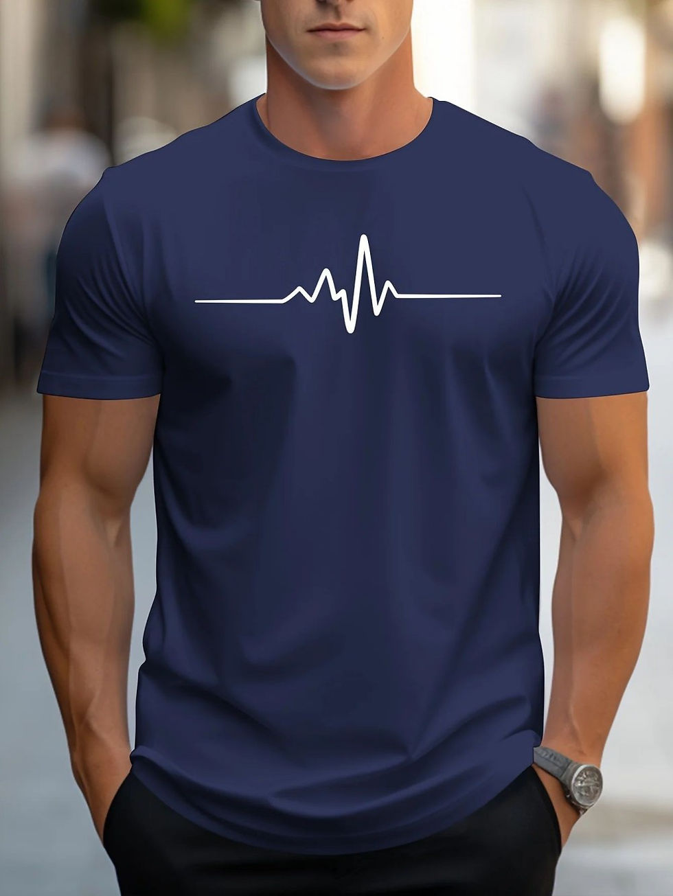 Thumbnail: Fashionable men's summer electrocardiogram printed comfortable and breathable ro