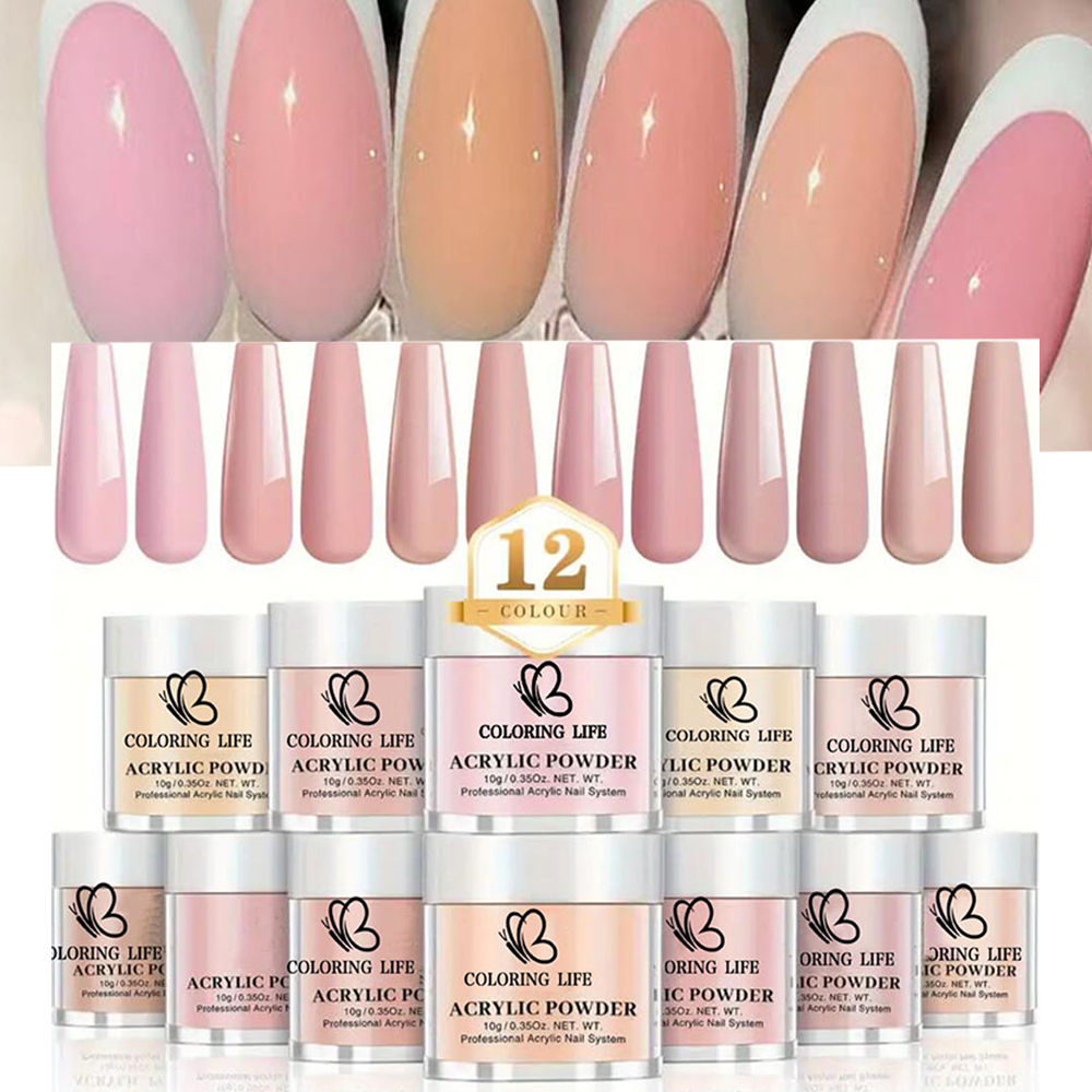 12-Colors Acrylic Powder Set - Nude & Pastel Shades, 3 in 1 Professional Nail Ex