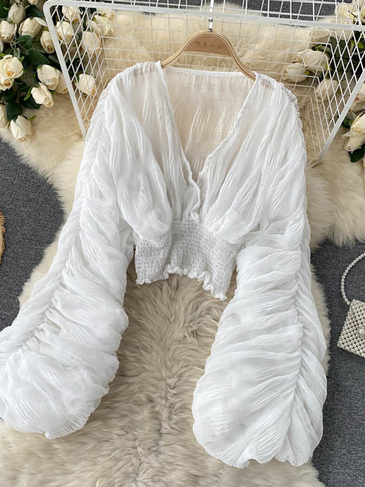 Thumbnail: Summer Sexy Draped Chiffon Blouse For Women Elegant V-Neck Puff Long Sleeve Shor